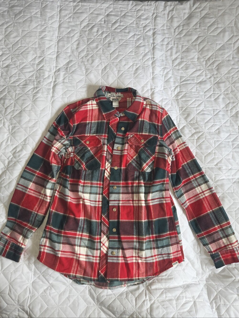 NWT Duluth Trading Co. Folklore Flannel Shirt Plaid Red Green Cream Women's S